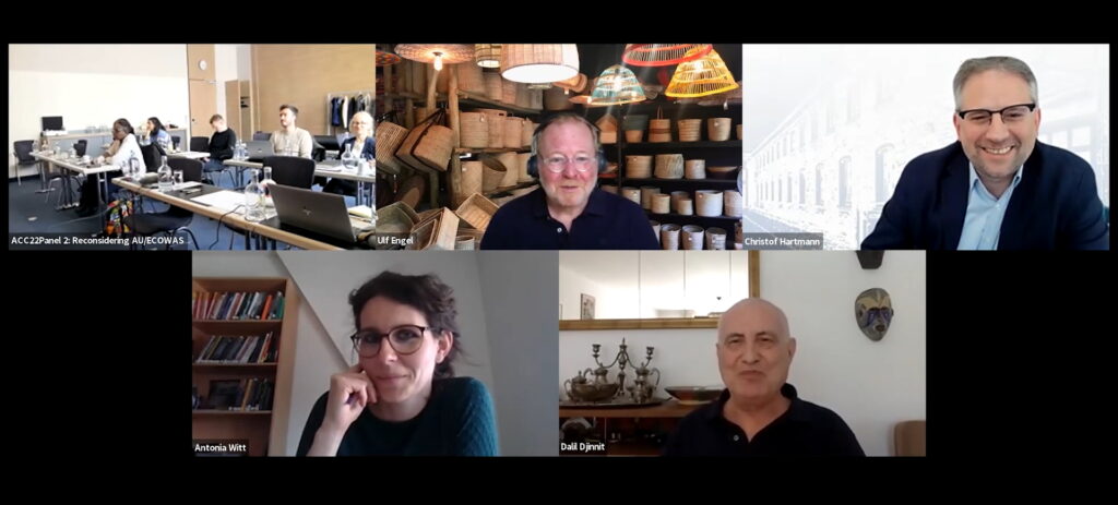 Screenshot of the Zoom-Conference which was held for the panel. Showing Ulf Engel, Christof Hartmann, Antonia Witt and Said Djinnit.