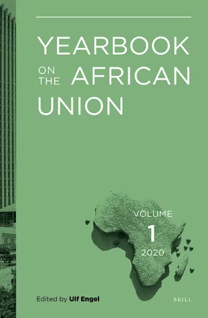 Cover of the Yearbook of the African Union 2020 (light green, with title and small map of Africa in the bottom left corner).