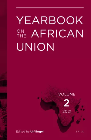 Cover of the Yearbook of the African Union (dark red, with title and small map of Africa in the bottom left corner).