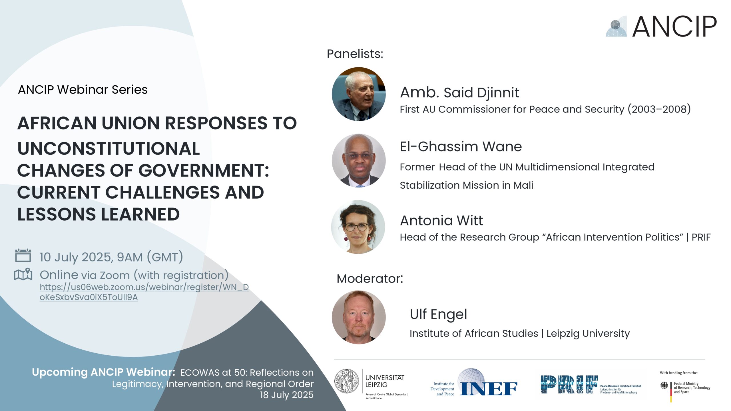 Picture displays an information slide on the first ANCIP Webinar, titled African UJnion Responses to Unconstitutional Changes of Government.