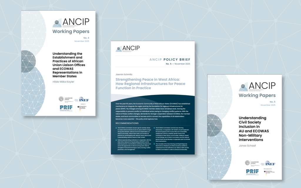 The image displays the front pages of the three new ANCIP publications in front of a network background.